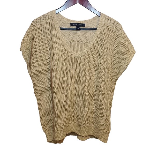 Ralph Lauren Black Label S/S Knit Sweater Top Beige Tan Cap Sleeve Chain Waffle - Picture 1 of 5